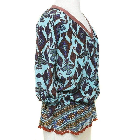 PLENTY TRACY REESE Colorful Tribal Pattern Peplum Boho Silk Pompom Trim Blouse - Picture 3 of 6